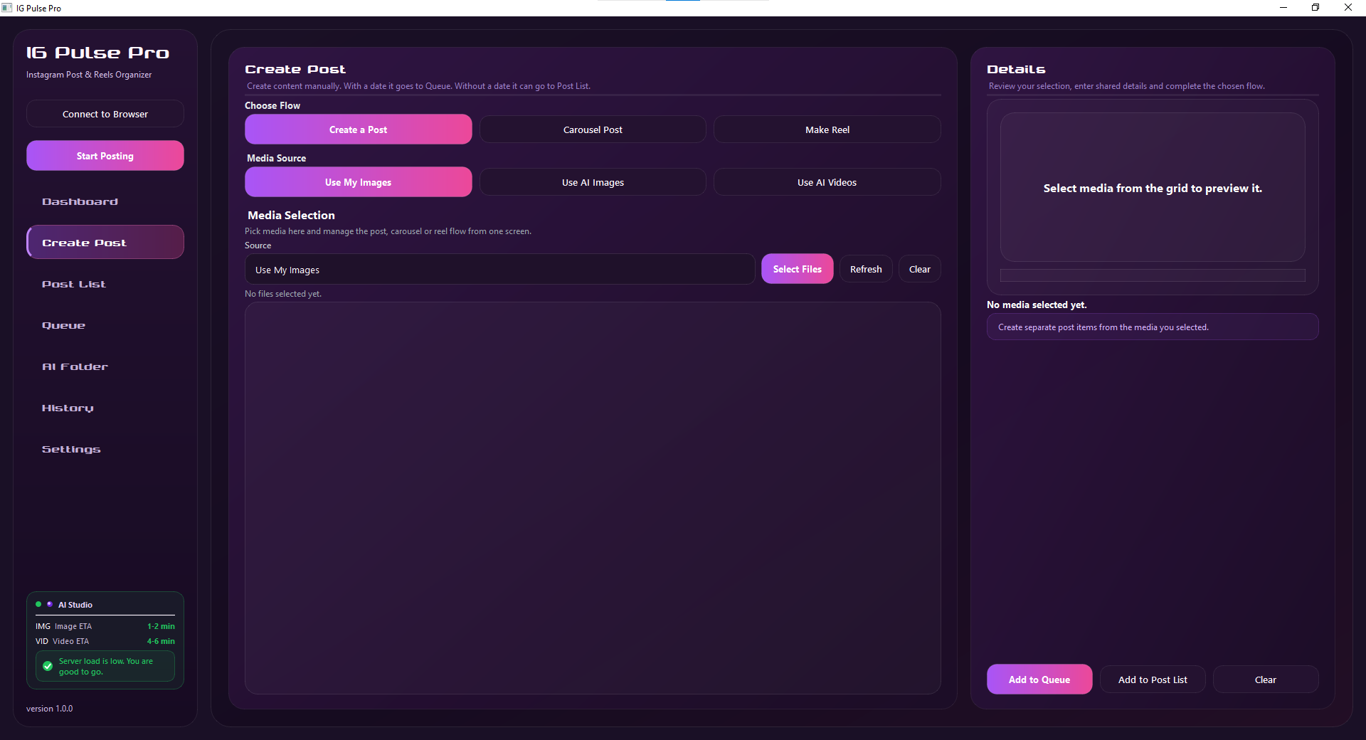 IG Pulse Pro — Create Post interface with media selection and AI generation options