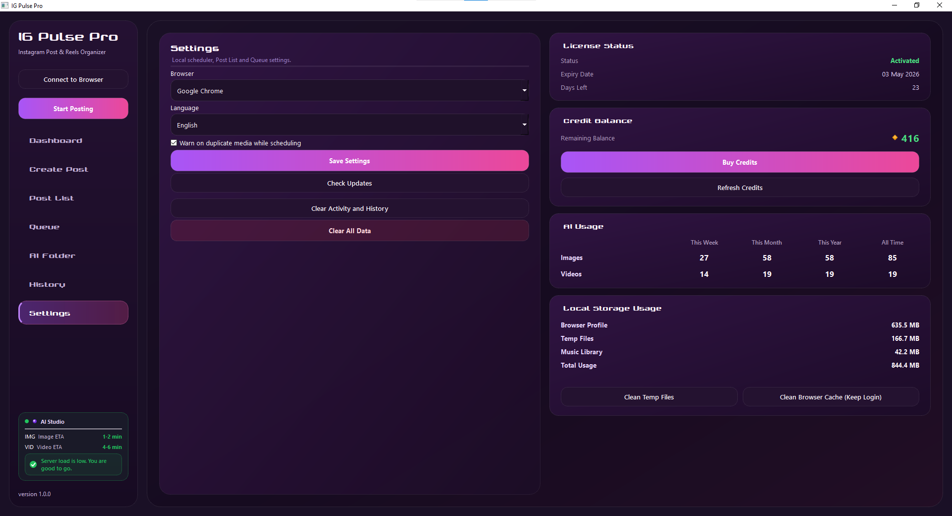 IG Pulse Pro — Settings panel with license status, credit balance and usage statistics