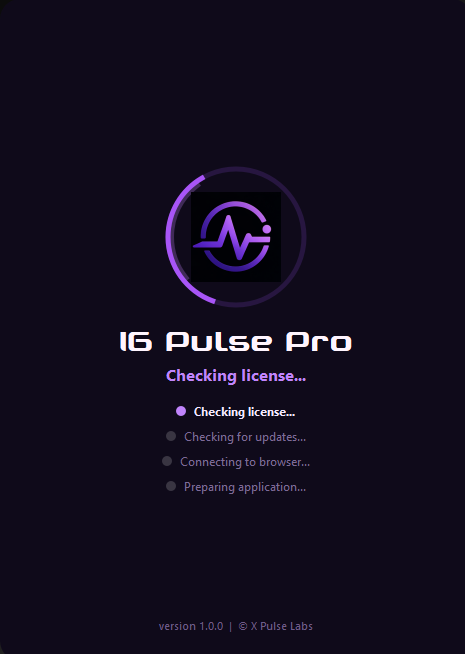 IG Pulse Pro — Launch screen with license check and startup sequence
