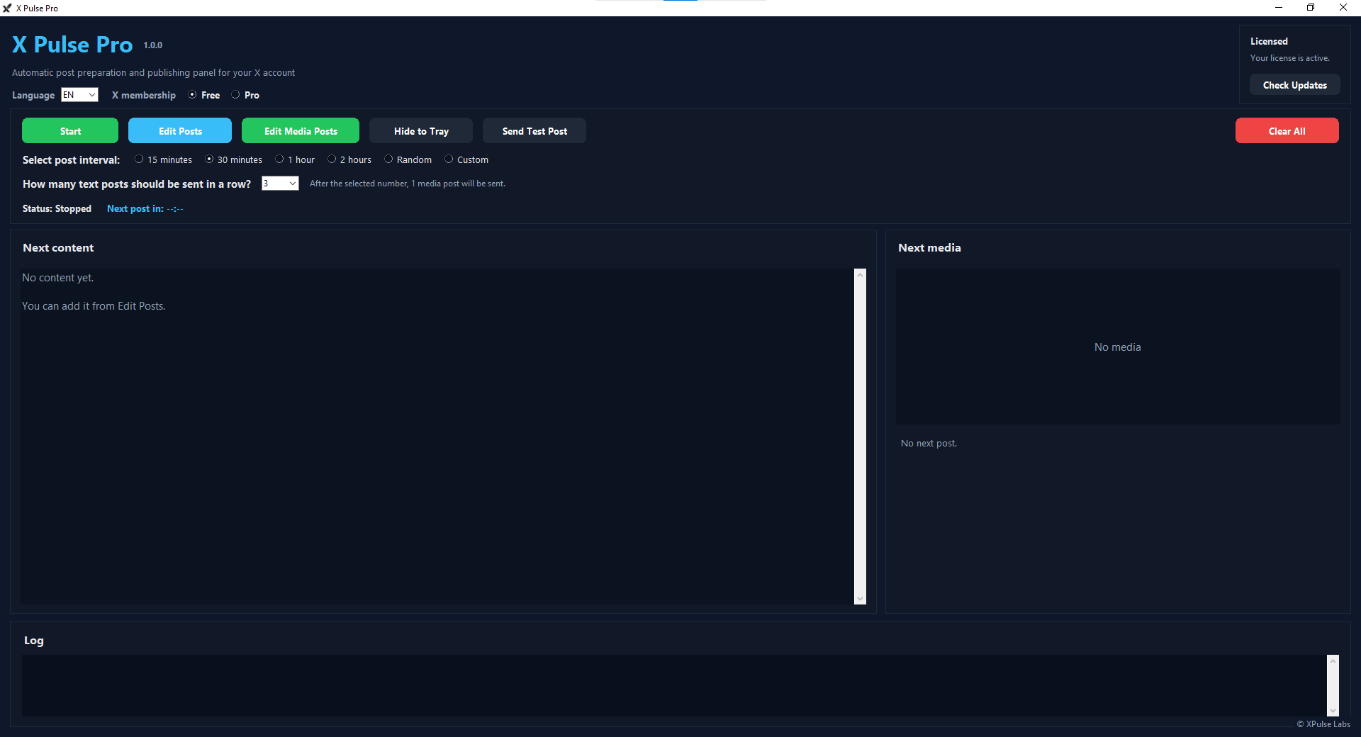 X Pulse Pro — Main control panel with posting interval settings and content queue