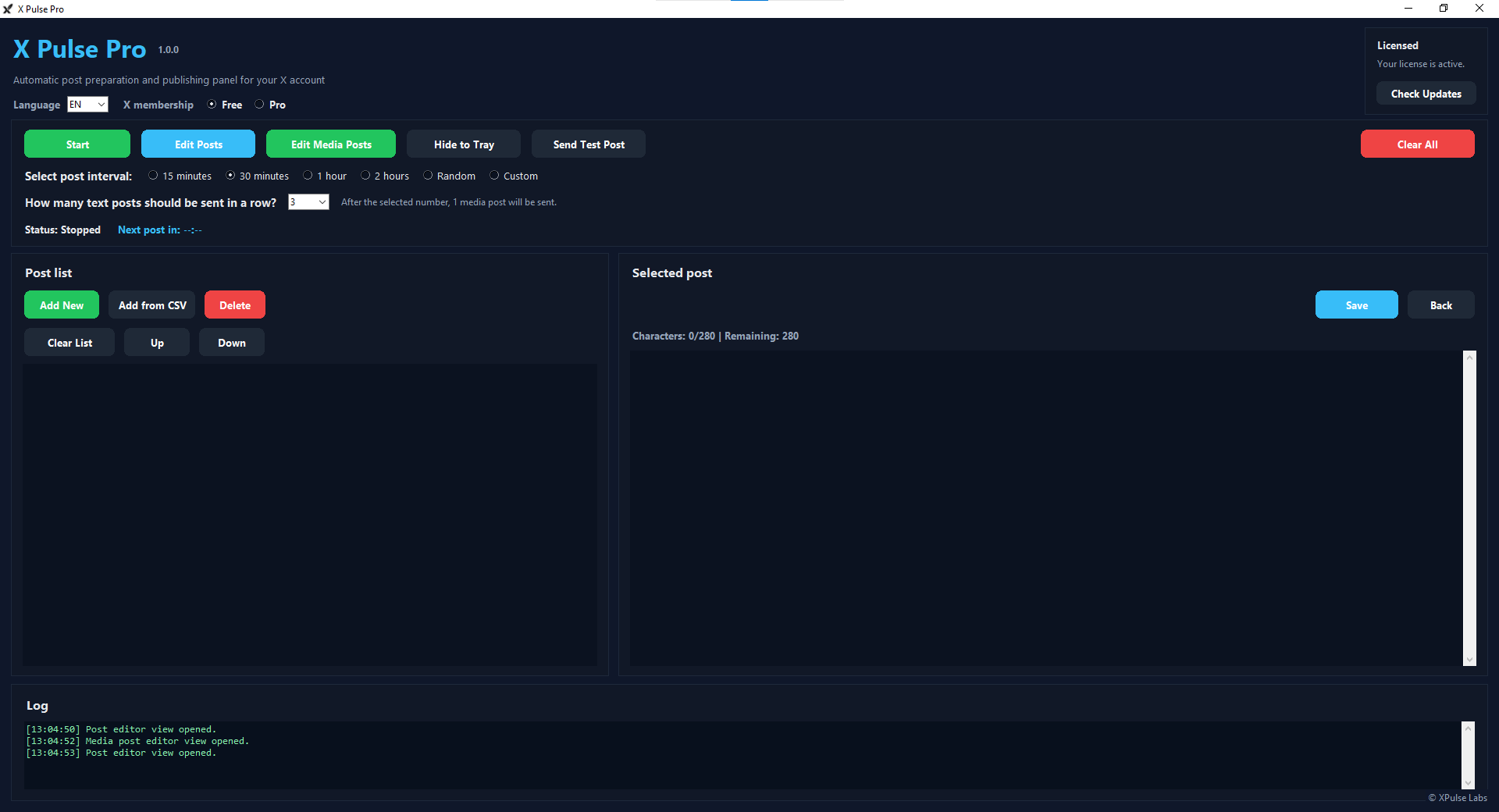 X Pulse Pro — Post list editor with Add New, Add from CSV and media post management